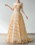 Niulatu Yellow A-Line Spaghetti Straps Tulle Applique Beading Wedding Dress Fairytale Long Prom Dresses HZ1103