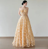 Niulatu Yellow A-Line Spaghetti Straps Tulle Applique Beading Wedding Dress Fairytale Long Prom Dresses HZ1103