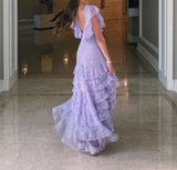 Niulatu Lilac V-neck Lace Long Prom Dresses A-line Backless Evening Gowns HZ1103