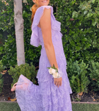 Niulatu Lilac V-neck Lace Long Prom Dresses A-line Backless Evening Gowns HZ1103