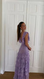 Niulatu Lilac V-neck Lace Long Prom Dresses A-line Backless Evening Gowns HZ1103