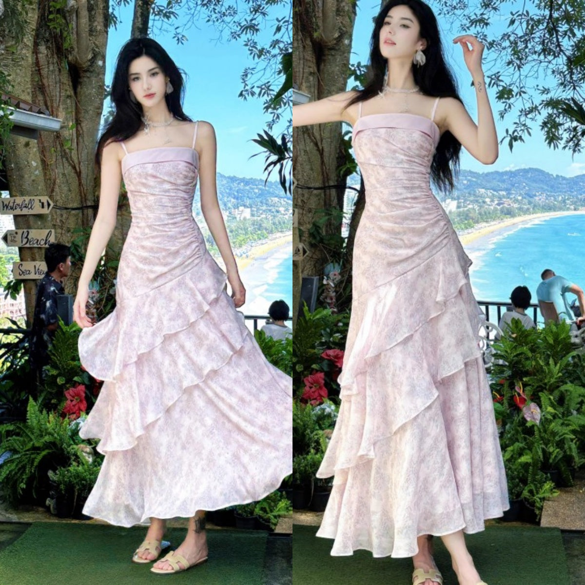 Niulatu Pink Spaghetti Straps Long Prom Dress Formal Dresses Chiffon Ruffles Layered Stunning 18th Birthday Party Dresses HZ1103