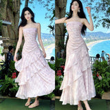 Niulatu Pink Spaghetti Straps Long Prom Dress Formal Dresses Chiffon Ruffles Layered Stunning 18th Birthday Party Dresses HZ1103