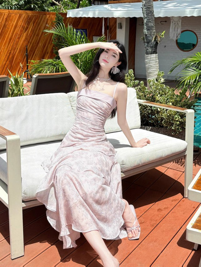 Niulatu Pink Spaghetti Straps Long Prom Dress Formal Dresses Chiffon Ruffles Layered Stunning 18th Birthday Party Dresses HZ1103