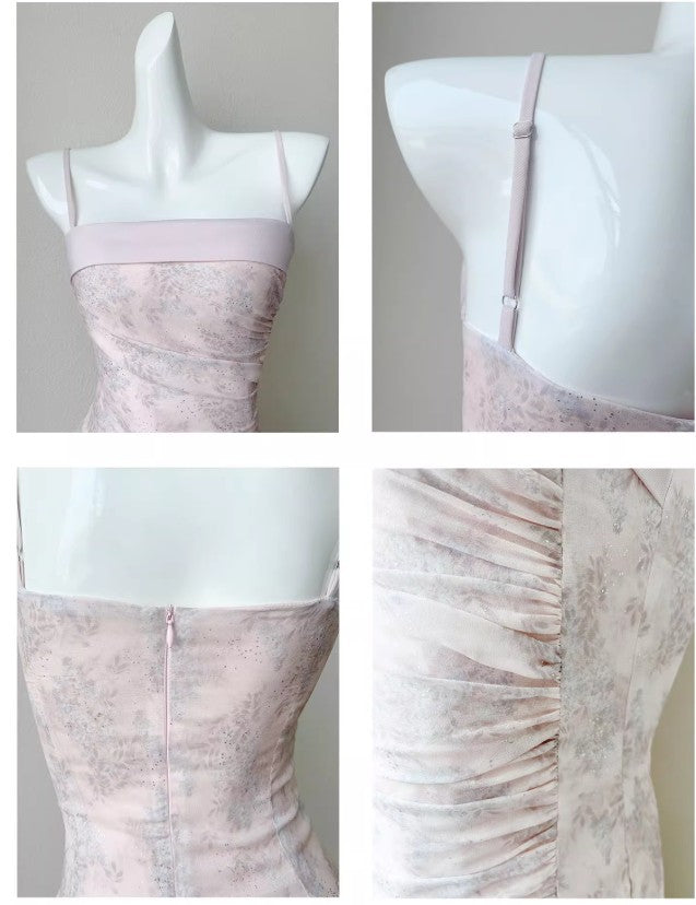 Niulatu Pink Spaghetti Straps Long Prom Dress Formal Dresses Chiffon Ruffles Layered Stunning 18th Birthday Party Dresses HZ1103