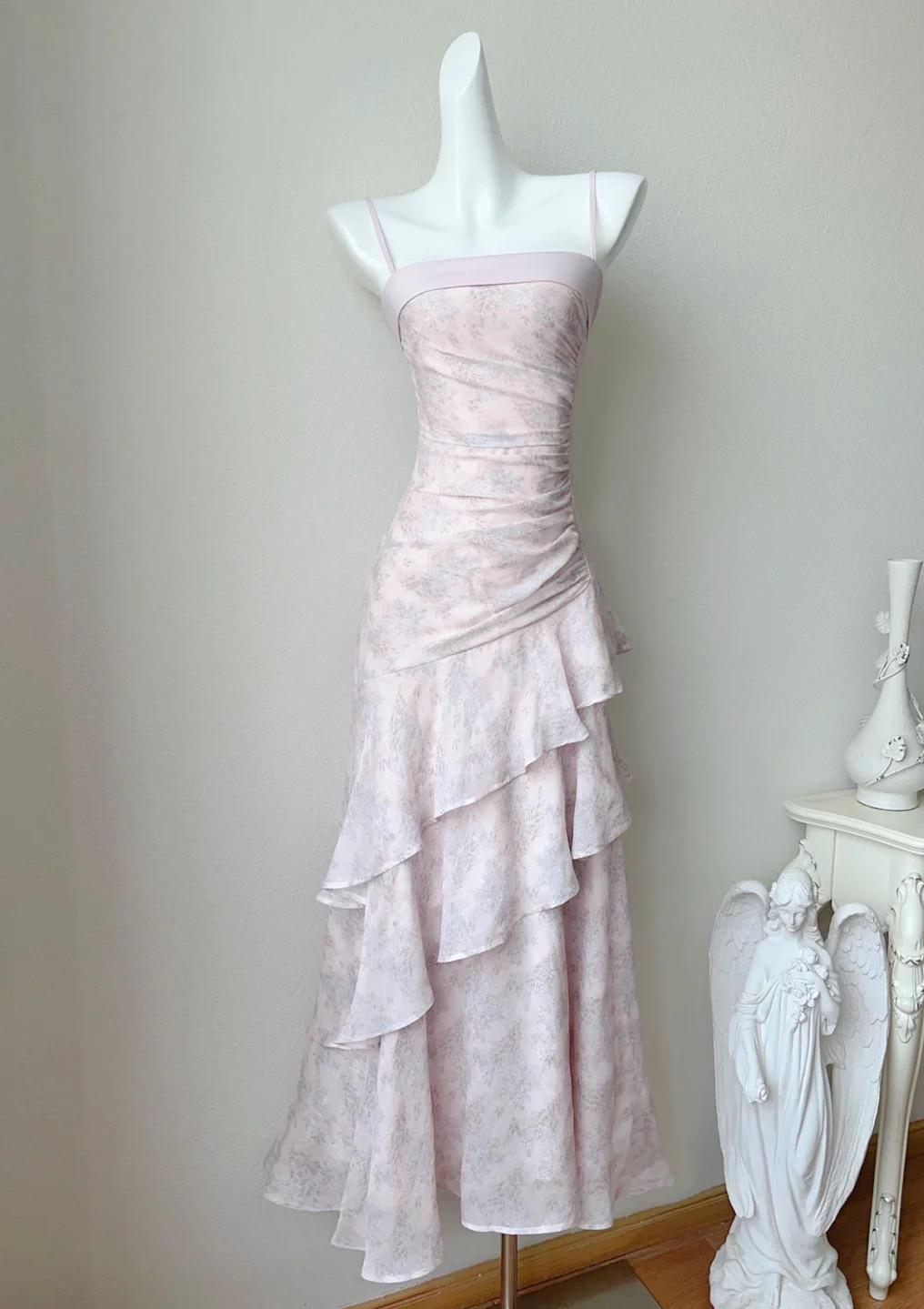 Niulatu Pink Spaghetti Straps Long Prom Dress Formal Dresses Chiffon Ruffles Layered Stunning 18th Birthday Party Dresses HZ1103