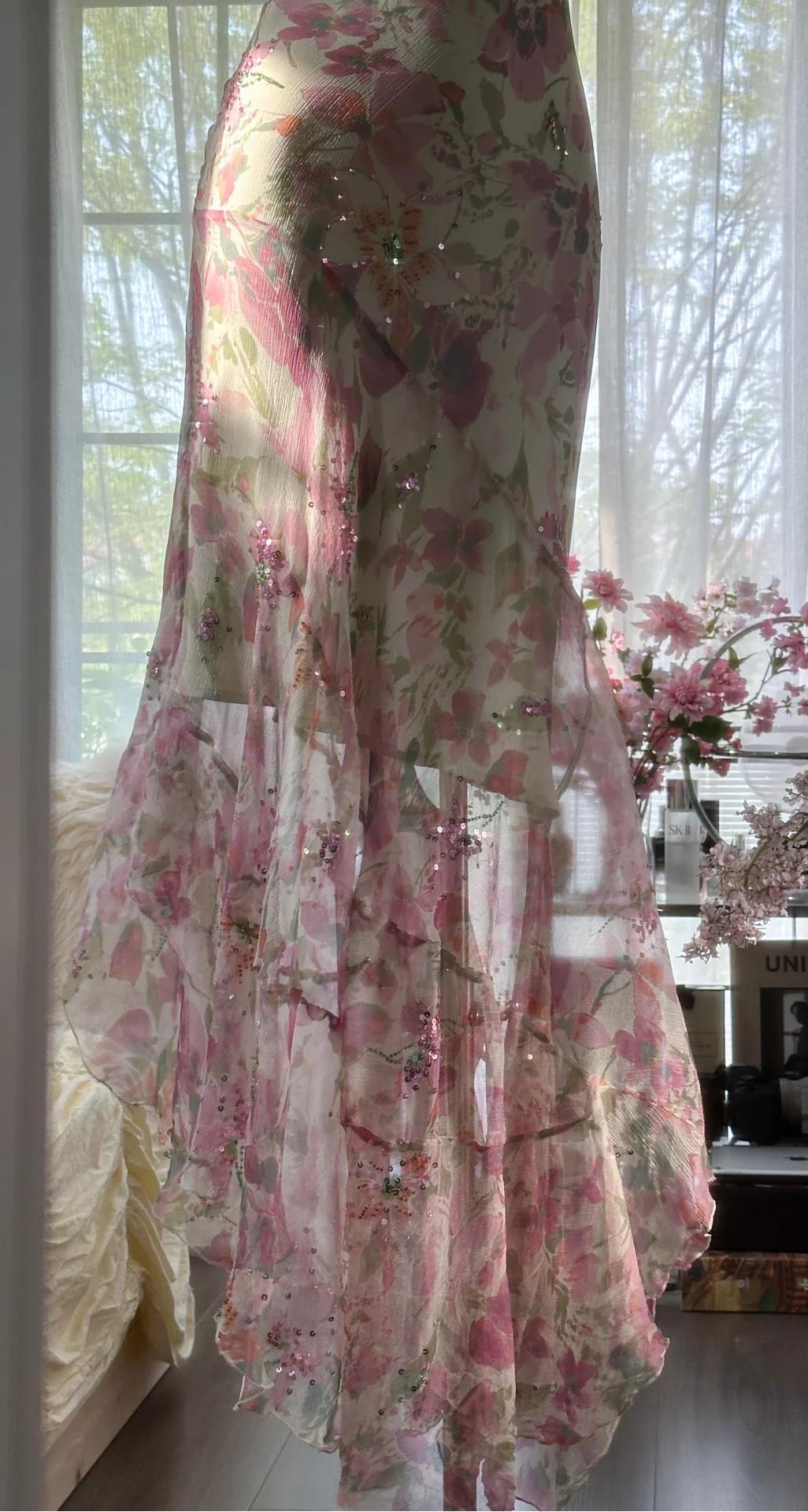 Niulatu Printed Chiffon Sequin Mermaid Formal Dresses Spaghetti Strap Vintage Evening Dress HZ1103