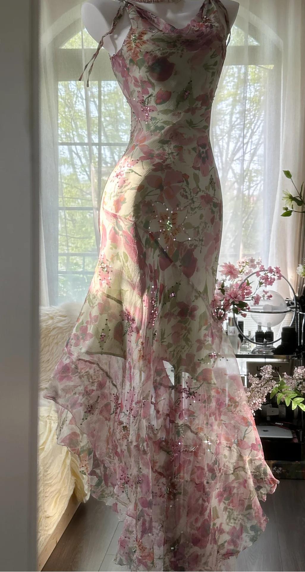 Niulatu Printed Chiffon Sequin Mermaid Formal Dresses Spaghetti Strap Vintage Evening Dress HZ1103