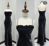 Niulatu Black Spaghetti Strap Mermaid Satin Long Prom Dresses HZ1103