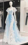 Niulatu Sky Blue Sweetheart Neck Tulle Lace Beaded A-Line Wedding Dress Long Prom Dresses HZ1103