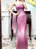Niulatu Retro Gradient Fuchsia Spaghetti Straps Satin Open Back Elegant Long Prom Dresses HZ1103
