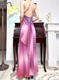 Niulatu Retro Gradient Fuchsia Spaghetti Straps Satin Open Back Elegant Long Prom Dresses HZ1103