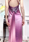 Niulatu Retro Gradient Fuchsia Spaghetti Straps Satin Open Back Elegant Long Prom Dresses HZ1103