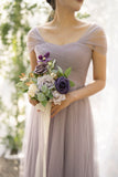 Niulatu Purple Tulle A-Line V-Neck Bridesmaid Dress Prom Dresses HZ1103