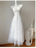 Niulatu Pearl Butterfly Tulle White French A-Line Spaghetti Straps Birthday Dresses HZ1103
