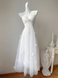 Niulatu Pearl Butterfly Tulle White French A-Line Spaghetti Straps Birthday Dresses HZ1103