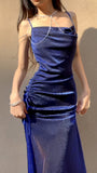 Niulatu Blue Shiny Silk Mermaid Dress Swing Neck Luxurious Birthday Party Dress HZ1103