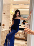 Niulatu Blue Shiny Silk Mermaid Dress Swing Neck Luxurious Birthday Party Dress HZ1103