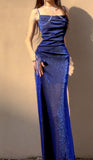 Niulatu Blue Shiny Silk Mermaid Dress Swing Neck Luxurious Birthday Party Dress HZ1103