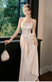 Niulatu Champagne French Pearl Pendant Party Dress Satin Spaghetti Straps Chiffon Birthday Dress HZ1103
