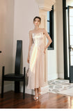 Niulatu Champagne French Pearl Pendant Party Dress Satin Spaghetti Straps Chiffon Birthday Dress HZ1103