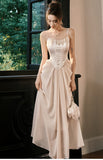 Niulatu Champagne French Pearl Pendant Party Dress Satin Spaghetti Straps Chiffon Birthday Dress HZ1103