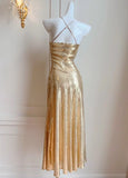 Niulatu Gold Sequin Spaghetti Strap A-Line Evening Dress Backless Sparkling Birthday Party Dress HZ1103