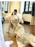 Niulatu Gold Sequin Spaghetti Strap A-Line Evening Dress Backless Sparkling Birthday Party Dress HZ1103