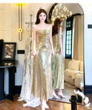 Niulatu Gold Sequin Spaghetti Strap A-Line Evening Dress Backless Sparkling Birthday Party Dress HZ1103