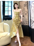 Niulatu Gold Sequin Spaghetti Strap A-Line Evening Dress Backless Sparkling Birthday Party Dress HZ1103