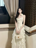 Niulatu Birthday Evening Gowns Off-White Spaghetti Straps Chiffon Ruffles A-Line Prom Dresses HZ1103