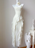 Niulatu Birthday Evening Gowns Off-White Spaghetti Straps Chiffon Ruffles A-Line Prom Dresses HZ1103