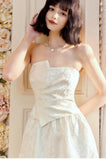 Niulatu Moonlight White Strapless A-Line Jacquard Satin Evening Gowns Elegant Birthday Prom Dresses HZ1103