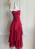 Niulatu Red Spaghetti Strap Chiffon Ruffles A-Line Prom Dresses Gorgeous Birthday Party Dress HZ1103