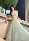 Niulatu Green Tulle Spaghetti Strap A-Line Birthday Prom Dress Sweet 16 Evening Gowns HZ1103