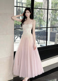 Niulatu Pink Purple Lace Tulle Spaghetti Strap A-Line Prom Dresses HZ1103