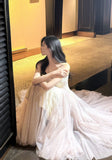 Niulatu Pink Purple Lace Tulle Spaghetti Strap A-Line Prom Dresses HZ1103