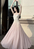 Niulatu Pink Purple Lace Tulle Spaghetti Strap A-Line Prom Dresses HZ1103