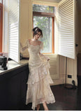 Niulatu Light Apricot Chiffon Jacquard Long Sleeves Ruffled Evening Dress HZ1103
