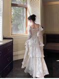 Niulatu Light Apricot Chiffon Jacquard Long Sleeves Ruffled Evening Dress HZ1103