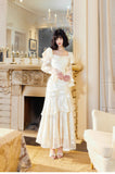 Niulatu Light Apricot Chiffon Jacquard Long Sleeves Ruffled Evening Dress HZ1103