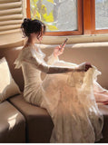 Niulatu Light Apricot Chiffon Jacquard Long Sleeves Ruffled Evening Dress HZ1103