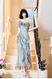 Niulatu Elegant Spaghetti Straps Ruffled Tulle Sheath Evening Dress HZ1103