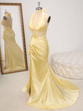 Niulatu Butter Yellow V-Neck Satin Mermaid Prom Dresses Formal Evening Dresses HZ1103