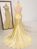 Niulatu Butter Yellow V-Neck Satin Mermaid Prom Dresses Formal Evening Dresses HZ1103