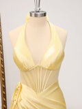 Niulatu Butter Yellow V-Neck Satin Mermaid Prom Dresses Formal Evening Dresses HZ1103