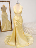 Niulatu Butter Yellow V-Neck Satin Mermaid Prom Dresses Formal Evening Dresses HZ1103