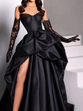 Niulatu Sweetheart Neck A-Line Satin Prom Dresses Formal Evening Dress with Slit HZ1103