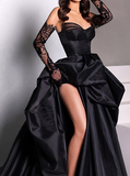 Niulatu Sweetheart Neck A-Line Satin Prom Dresses Formal Evening Dress with Slit HZ1103