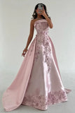 Niulatu Pink A-Line Strapless Satin Prom Dress with Appliques Train Evening Gowns HZ1103